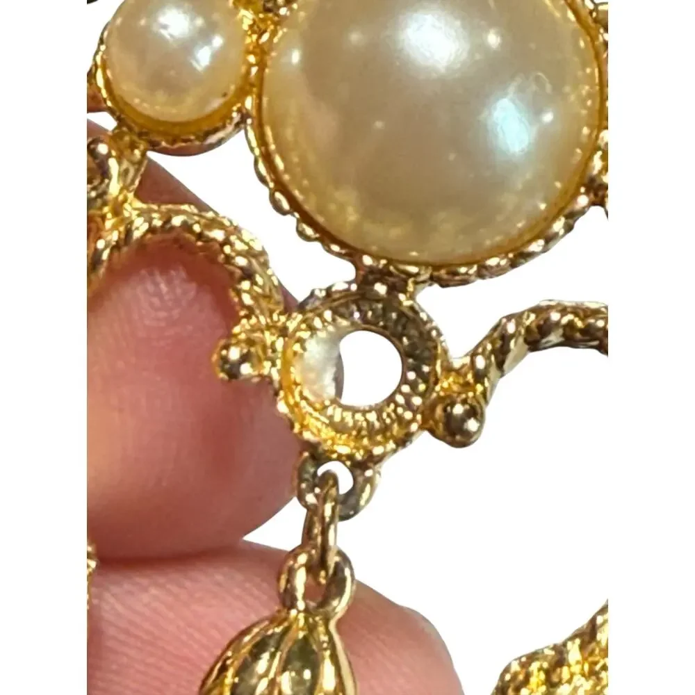 Vintage Gold Tone Faux Pearl Drop Dangle Brooch Filagree Regency Art Deco Pin 2